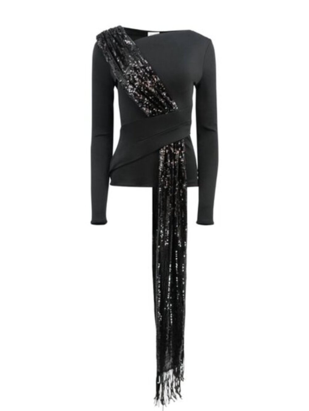 GALVAN Women's Asymmetrical Black Sequin Sash Long Sleeved Jersey Top Size 4